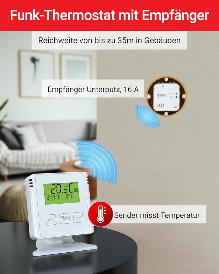 ELEKTROBOCK BT731 Funk-Raumthermostat mit Empfänger - Standfuss - Reichweite bis 35 m - Für elektris