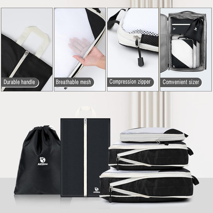 AiQInu Packing Cubes Compression, 5 Stück Packtaschen Kompression Koffer Organizer Set mit Wäschebeu