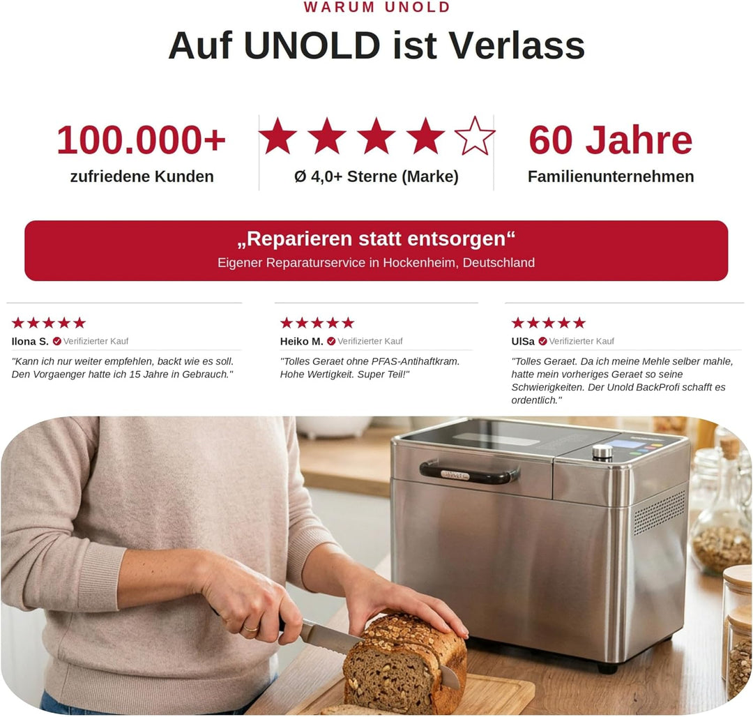 UNOLD Brotbackautomat BackProfi 68476 – Brotbackmaschine mit Nussspender, 18 Programme, Touchscreen,