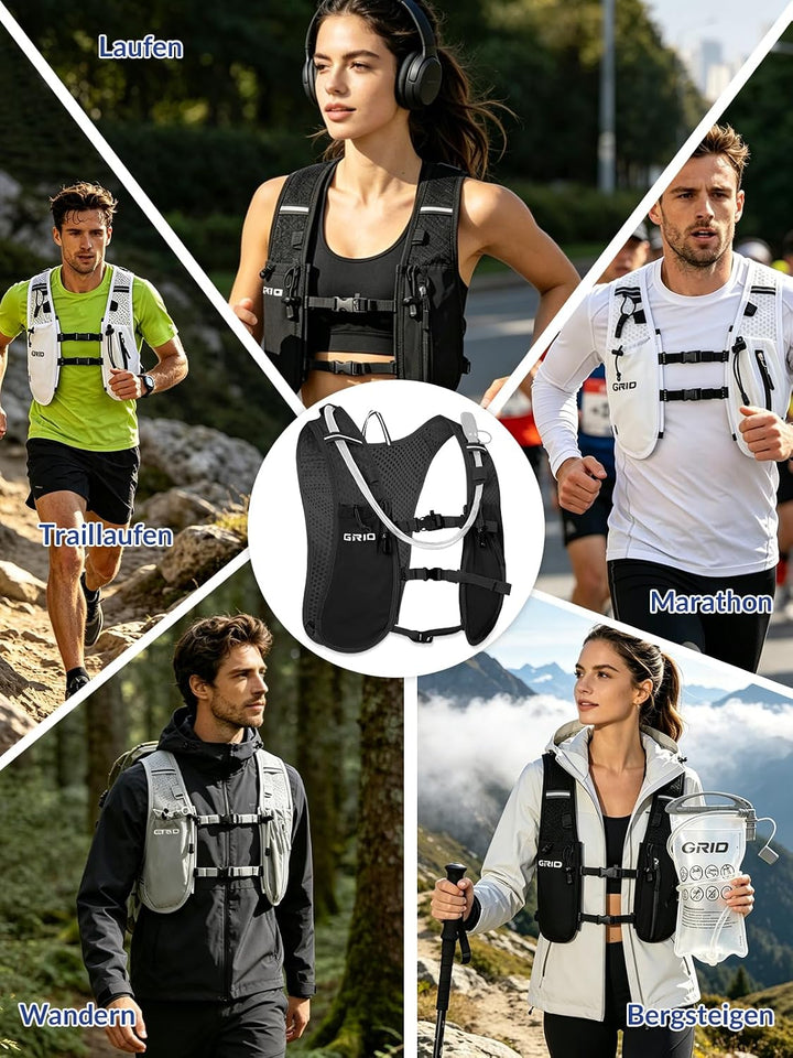 GRIO Laufweste mit 1.5L Trinksystem, Leichte Hydration Weste für Damen &amp; Herren, Atmungsaktiv &amp; Refl