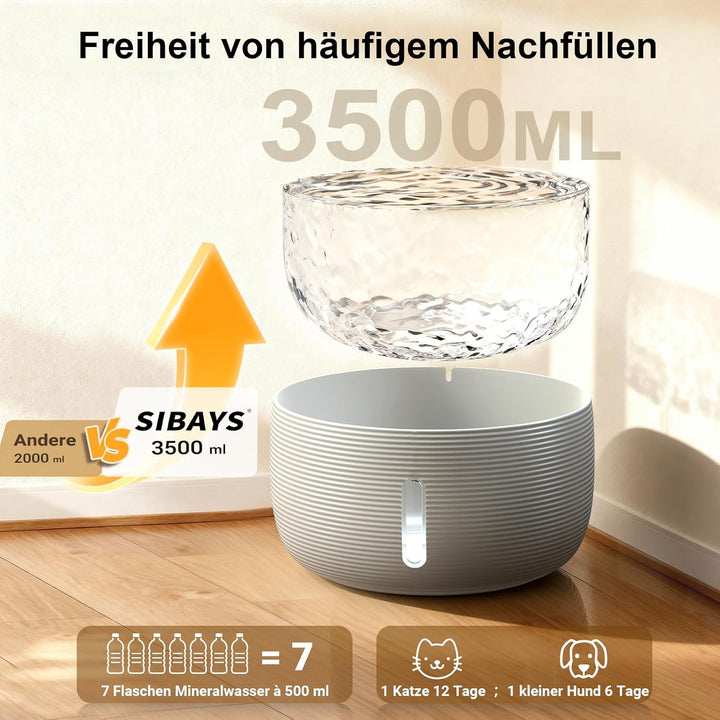 SIBAYS Trinkbrunnen für Katze - 3.5L Katzenbrunnen mit 25dB Ultraleise Pumpe &amp; LED-Fenster - Trinkbr