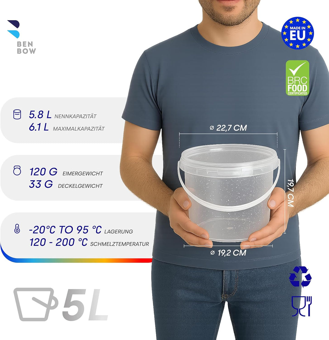 BenBow Eimer mit Deckel 5l transparent 100x 5 Liter - lebensmittelecht, stabil, luftdicht - Plastike