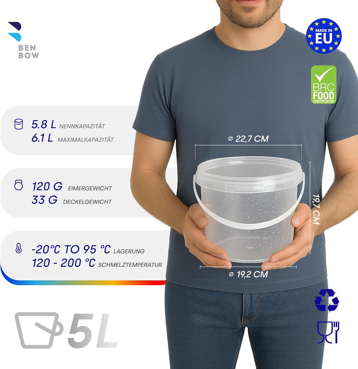 BenBow Eimer mit Deckel 5l transparent 100x 5 Liter - lebensmittelecht, stabil, luftdicht - Plastike