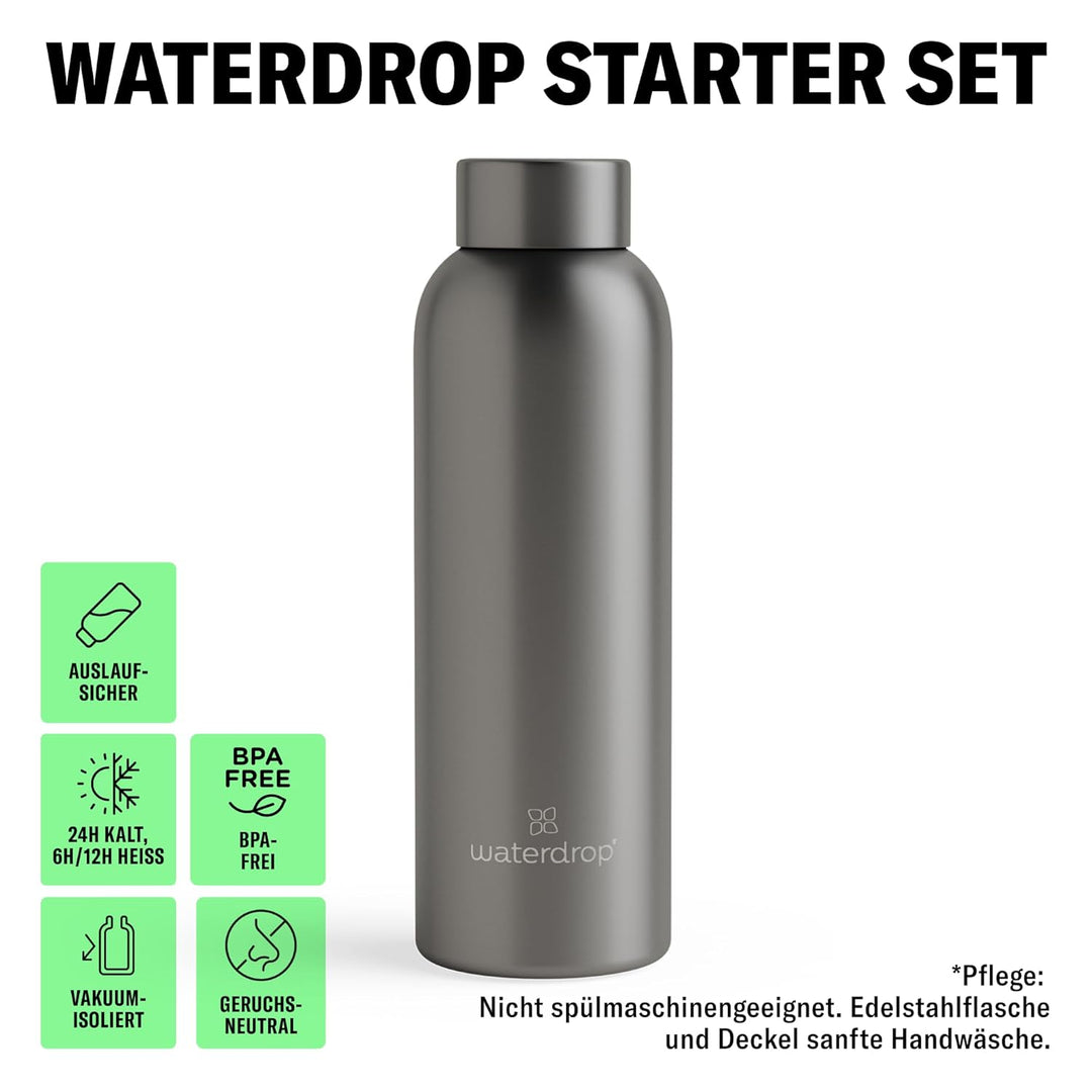 waterdrop® Starter Set - 600ml Trinkflasche mit Geschmack inkl. 18 zuckerfreie Drops - Geschenk für
