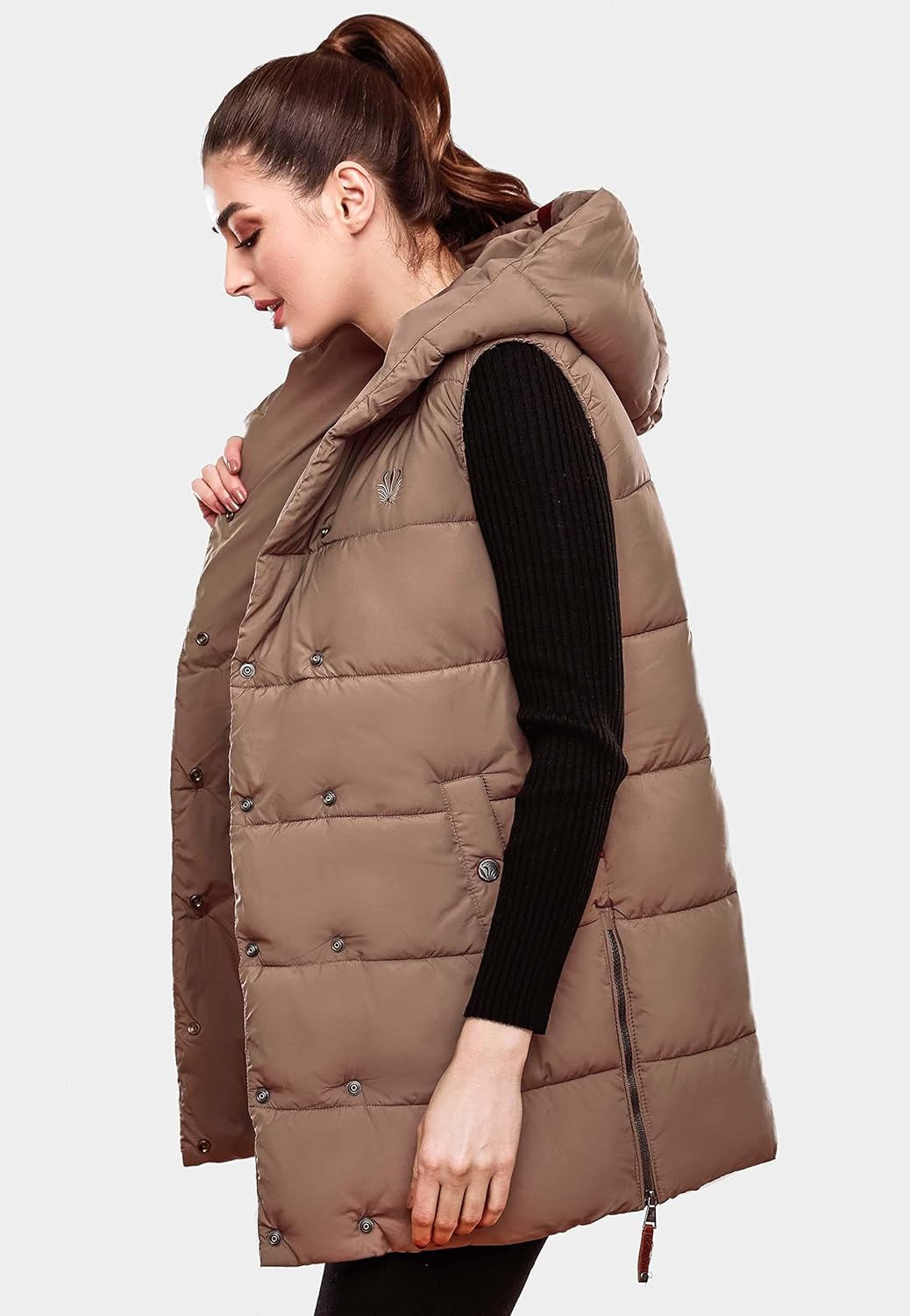 Navahoo warme Damen Winter Steppweste lang mit Kapuze Madilynaa XS-XXL L Dark Taupe, L Dark Taupe