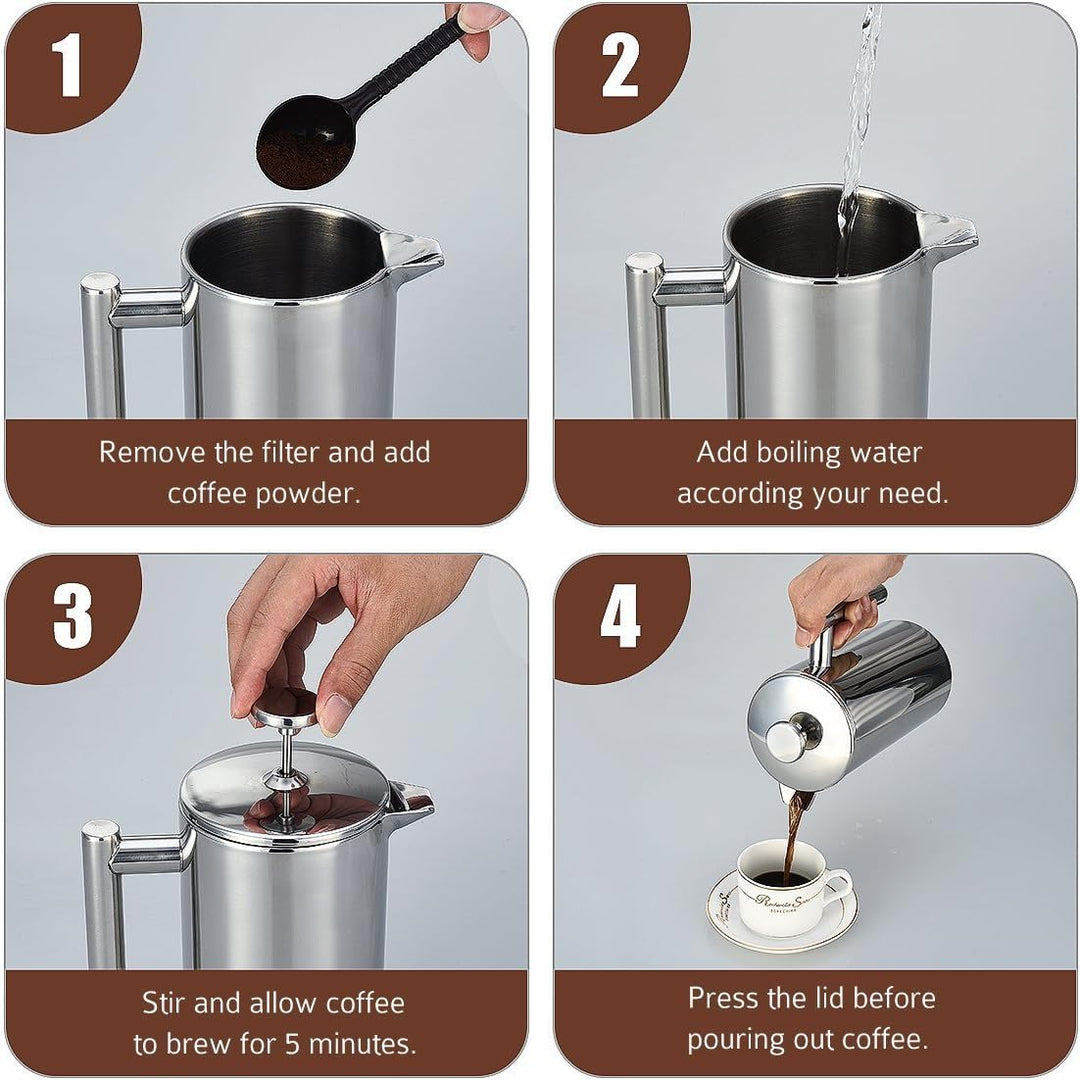 Kaffeebereiter, Französische Presse aus Edelstahl, Kolben mit feinmaschigem Filter + Edelstahl-Messl