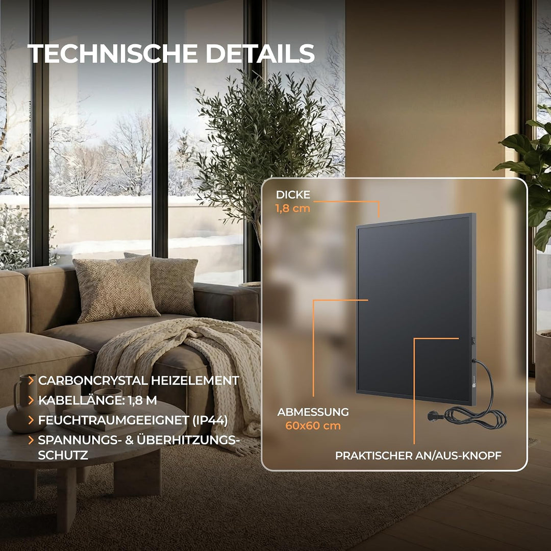 BR Bringer Infrarotheizung 300 Watt, schwarz - mit Smart Thermostat und App - Infrarot Elektroheizun