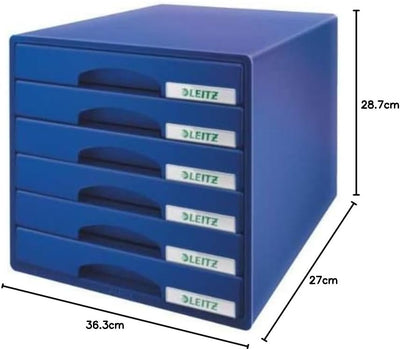 Leitz Schubladenbox mit 6 Schubladen, Für die Aufbewahrung von A4 Dokumenten und Utensilien, Blau, P