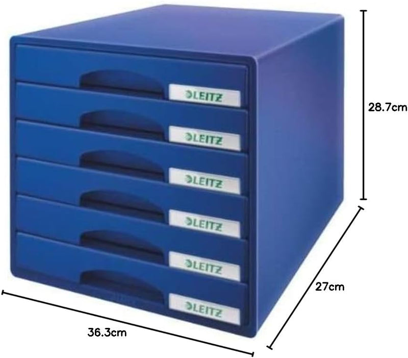 Leitz Schubladenbox mit 6 Schubladen, Für die Aufbewahrung von A4 Dokumenten und Utensilien, Blau, P