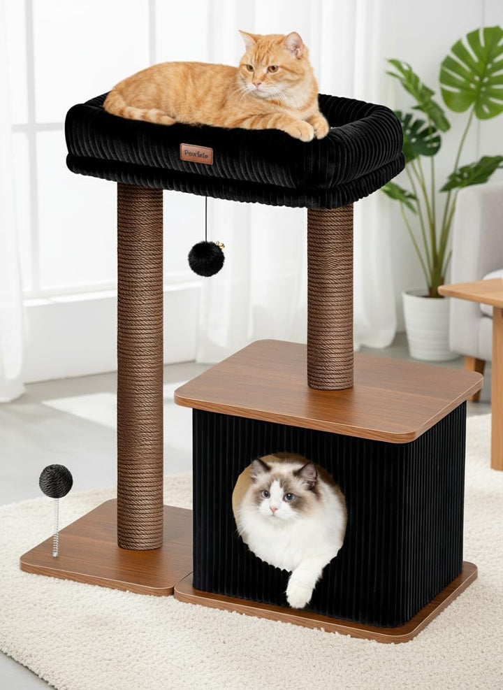 Kratzbaum für Wohnungskatzen 74 cm, moderner Katzenbaum aus Holz mit Sisal Kratzstämmen, grosse Lieg