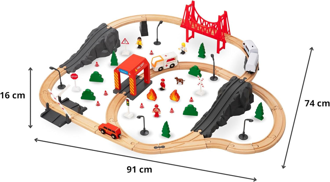 Mamabrum Holzeisenbahn Brücke Zug Feuerwehr, Eisenbahn Set für Kinder 3+, 19 Elemente, Lokomotive, B