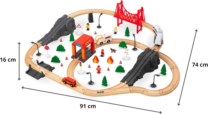 Mamabrum Holzeisenbahn Brücke Zug Feuerwehr, Eisenbahn Set für Kinder 3+, 19 Elemente, Lokomotive, B