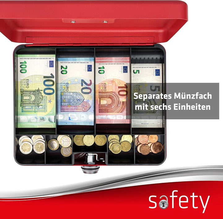 SAX Geldkassette mit Zahlenschloss, extra Starkes Schloss, 30 x 24 x 9cm, X-Large, Rot, 0-824-13 X-L