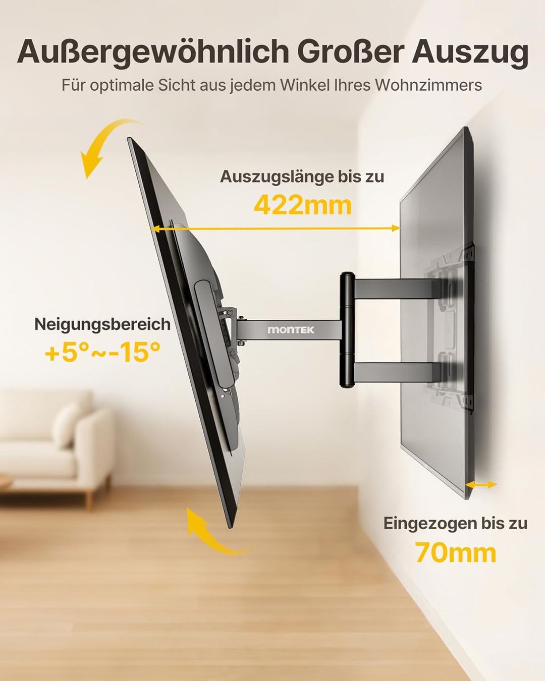 monTEK Full Motion TV Wandhalterung für 37–84 Zoll Fernseher bis 50kg, Wandhalterung Fernseher mit s