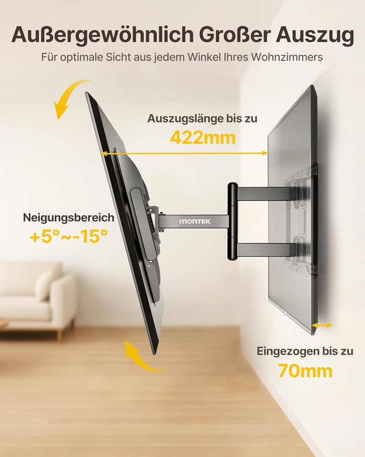 monTEK Full Motion TV Wandhalterung für 37–84 Zoll Fernseher bis 50kg, Wandhalterung Fernseher mit s