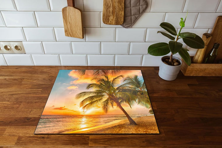 Palmen im Sonnenuntergang auf Barbados Herdabdeckplatte & Spritzschutz aus Echtglas | Für Herd-Kochf
