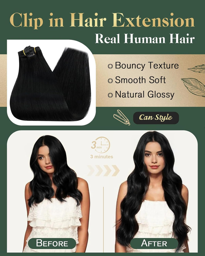Ugeat 30cm Clip Extension Echthaar Schwarz Doppelt Tressen Haar Clip Extensions 5Stück Haarverlänger