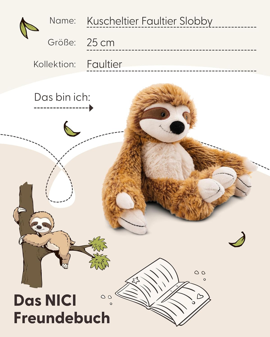 NICI Kuscheltier Faultier Slobby 25cm mit Klettverschluss braun - Stofftier aus weichem Plüsch, nied