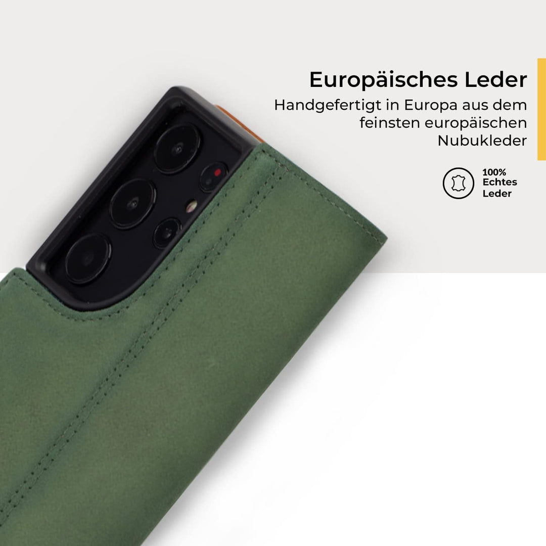 Snakehive Lederhülle für Samsung S23 Ultra – Klapphülle mit Kartenfächern & Standfunktion (Grün), Gr