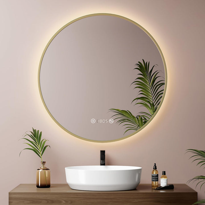 EMKE LED Badspiegel Rund Spiegel mit Beleuchtung ф70cm Gebürstetem Goldrahmen LED Badezimmerspiegel