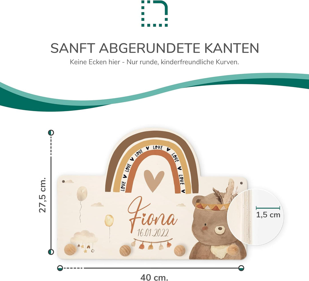 KIDSMOOD Personalisierte Wand-Garderobe mit Wunschnamen, Kleiderhaken aus Holz mit süssem Tier-Motiv