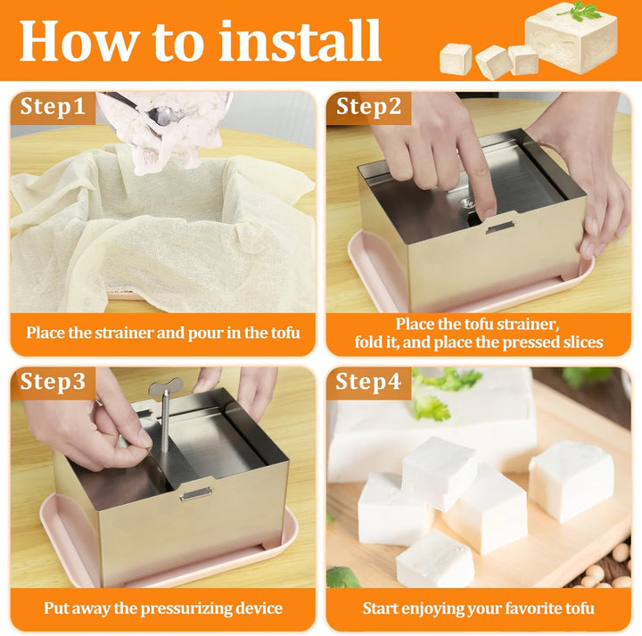 Tofupresse Edelstahl Kit, Tofu Press, Druckverstellbarer Tofu Presse, Paneer maker mit 1 Tropfschale
