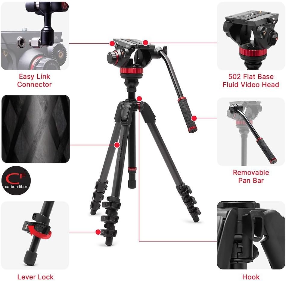 Manfrotto 055 Video-Stativ mit 502 Video-Fluid-Kopf, Carbonfaser, professionelles Schwerlast-Stativs