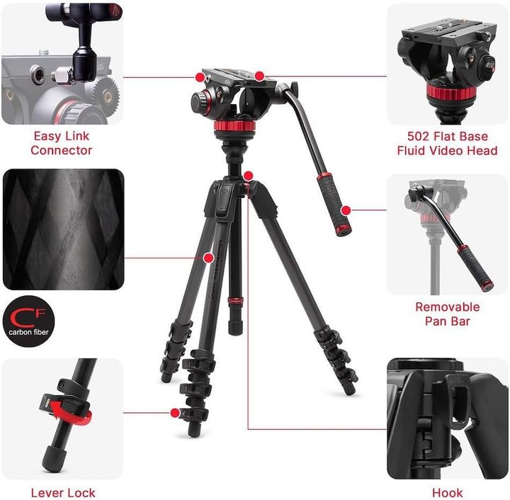 Manfrotto 055 Video-Stativ mit 502 Video-Fluid-Kopf, Carbonfaser, professionelles Schwerlast-Stativs