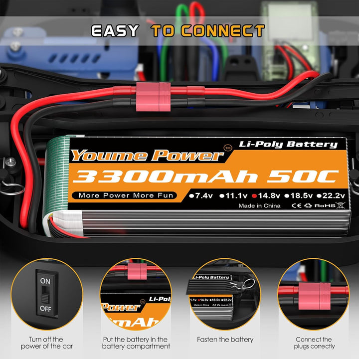 Lipo 4S Batterie, 14,8V 3300mAh Lipo Batterie Pack 50C mit T Stecker für RC Hubschrauber Flugzeug Bo
