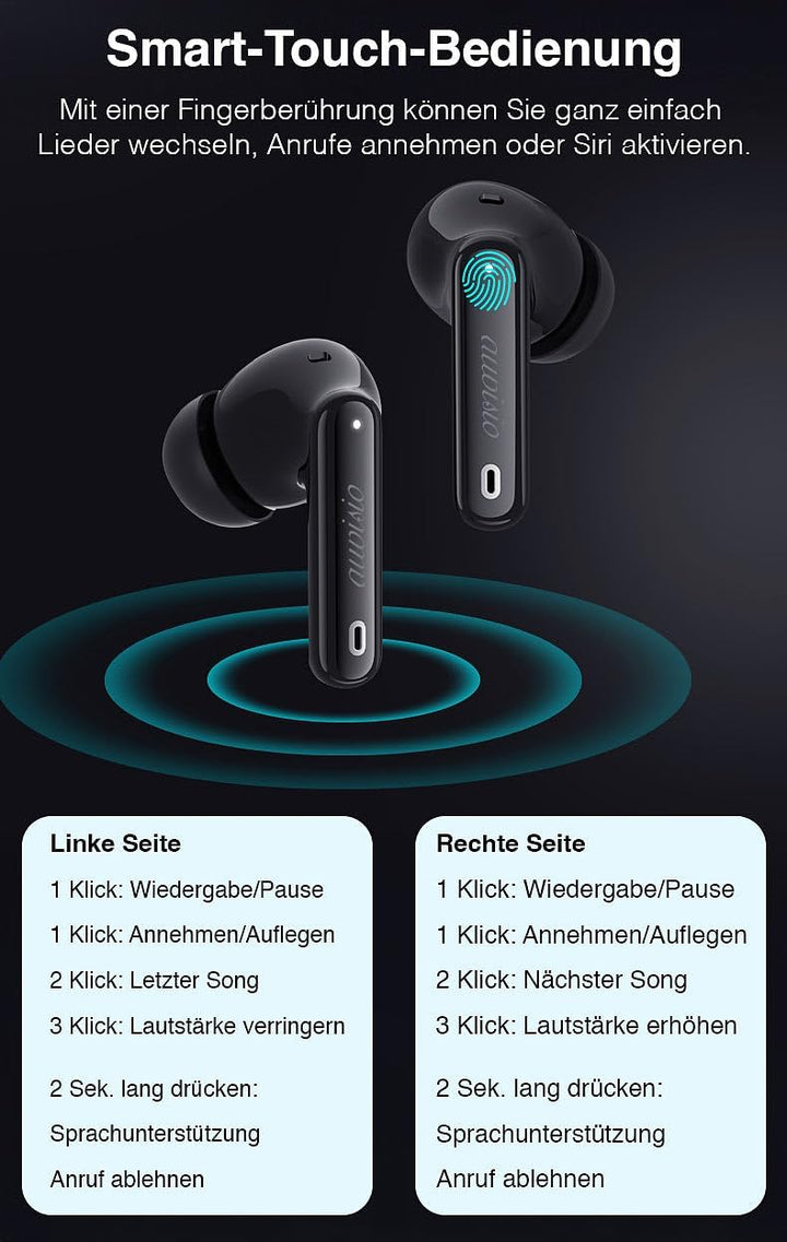 auvisio Headset, Bluetooth: Kabellose In-Ear-Kopfhörer mit Ladecase, Noise-Cancelling, schwarz (Kopf