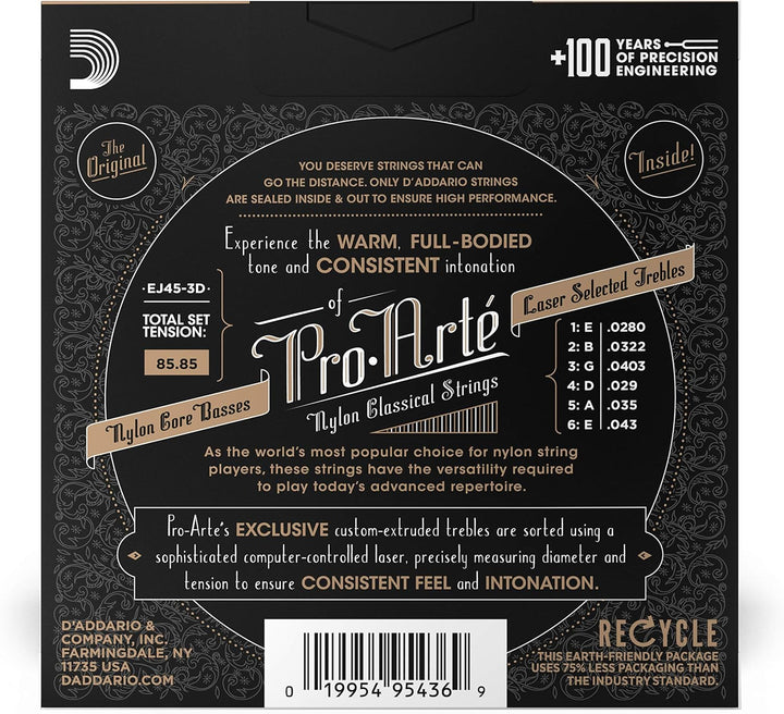 D'Addario Gitarrensaiten - Pro-Arte Saiten Konzertgitarre - EJ45-3D - Nylonsaiten Konzertgitarre - C