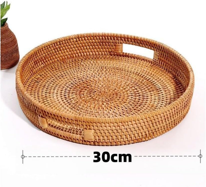 Rundes Rattan Serviertablett mit Ausgeschnittenen Griffen, Handgeflochtenes Dekoratives Tablett, Vie