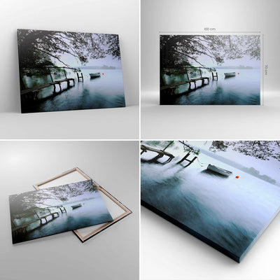 Bilder auf Leinwand 100x70cm Leinwandbild mit Rahmen See Dock Boot Bäume Gross Wanddeko Bild Schlafz