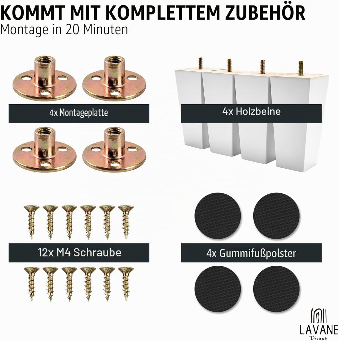 La Vane 4 Stück Möbelfüsse aus Massivholz - 15cm Höhe, Weiss, Pyramidenform mit M8 Gewindebolzen &amp; M