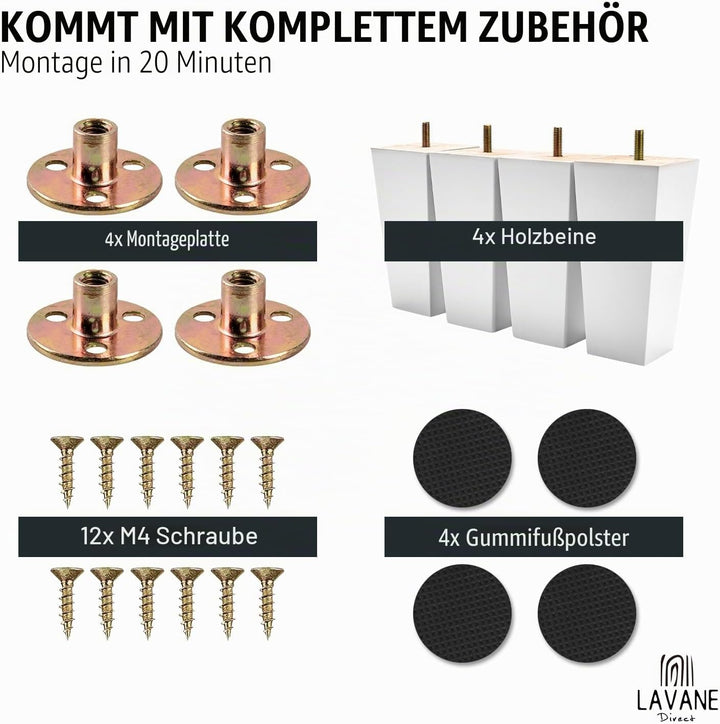 La Vane 4 Stück Möbelfüsse aus Massivholz - 15cm Höhe, Weiss, Pyramidenform mit M8 Gewindebolzen &amp; M