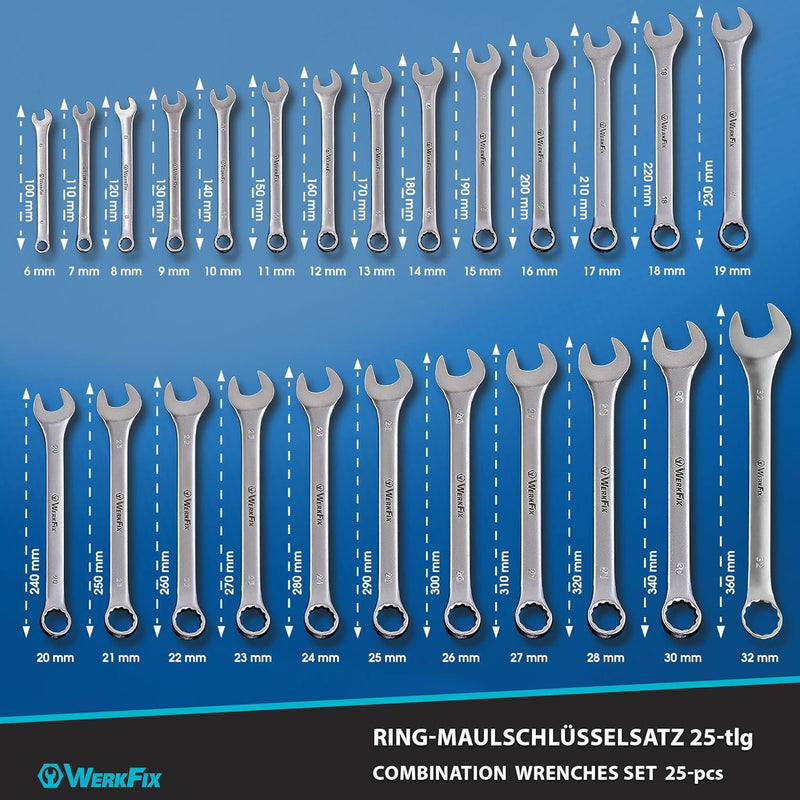WerkFix Ring-Maulschlüsselsatz 25-tlg. 6-32 mm aus CrV-Stahl, Gabelschlüssel Laser markiert, mattier