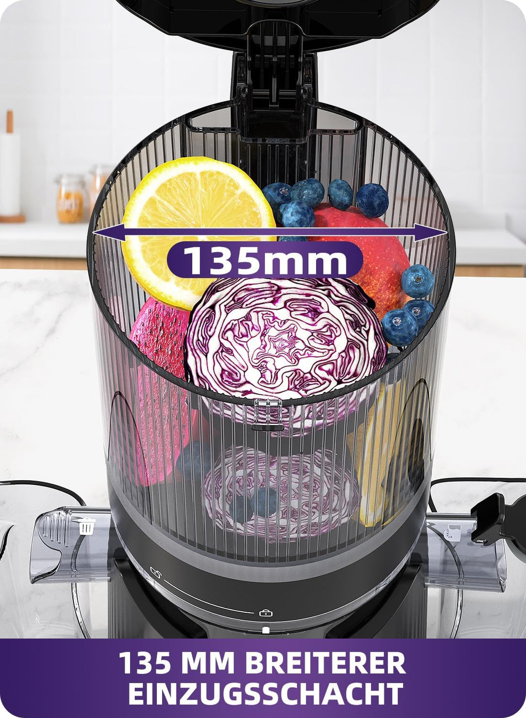 ACOQOOS Entsafter, Entsafter für Ganze Gemüse und Obst, 135 mm Breite und Grössere Fütterungsröhre,