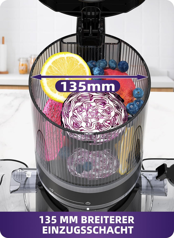 ACOQOOS Entsafter, Entsafter für Ganze Gemüse und Obst, 135 mm Breite und Grössere Fütterungsröhre,