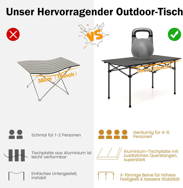 COSTWAY Campingtisch faltbar, Falttisch mit aufrollbarer Tischplatte, Klapptisch Gartentisch mit Alu