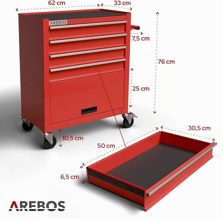 Arebos Werkstattwagen 4 Fächer + grosses Fach für Werkzeug | inkl. Antirutschmatten |kugelgelagerte