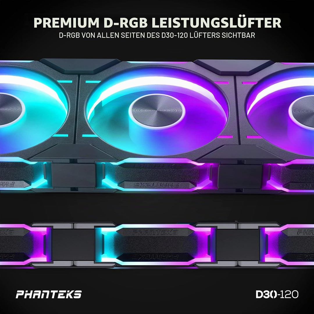 PHANTEKS D30 PWM Reverse Airflow D-RGB Lüfter - 120mm, schwarz 1 Stück - Reverse Black, 1 Stück - Re
