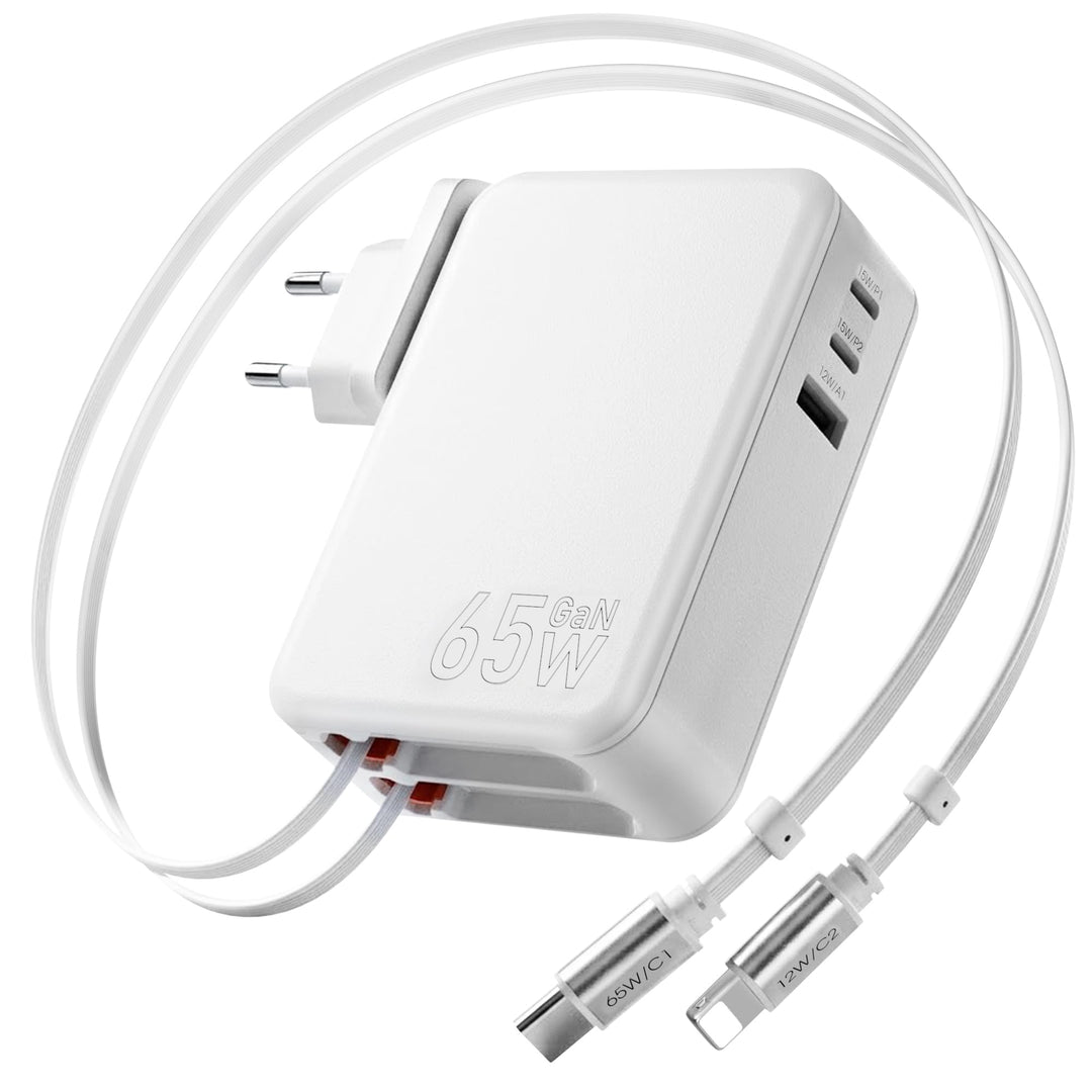 5 in 1 USB C Einziehbares Ladegerät 65W 3 Port Netzteil Schnellladegerät mit Einziehbarem Kabel,GaN