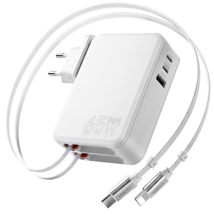 5 in 1 USB C Einziehbares Ladegerät 65W 3 Port Netzteil Schnellladegerät mit Einziehbarem Kabel,GaN