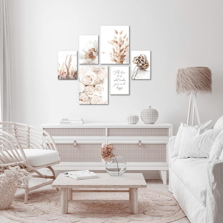 Novart Bilder Set - AUFHÄNGFERTIG - KEIN EXTRA RAHMEN BENÖTIGT - Boho Blumen Modern Beige - Wohnzimm