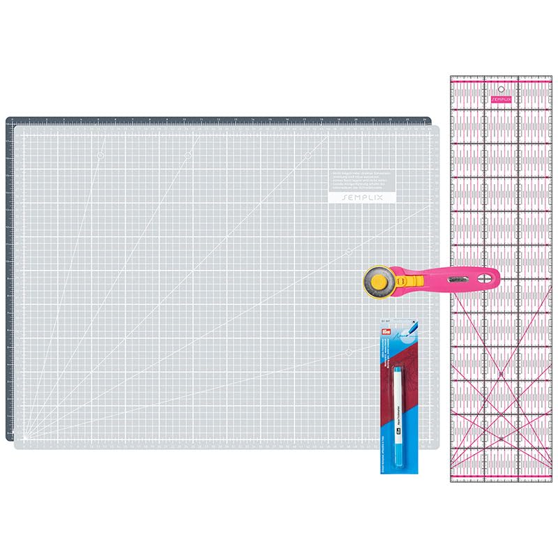 Semplix Schneidematten Set A2 Rollschneider Lineal Prym (grau/pink) | A2 Schneidematte 60x45 cm selb