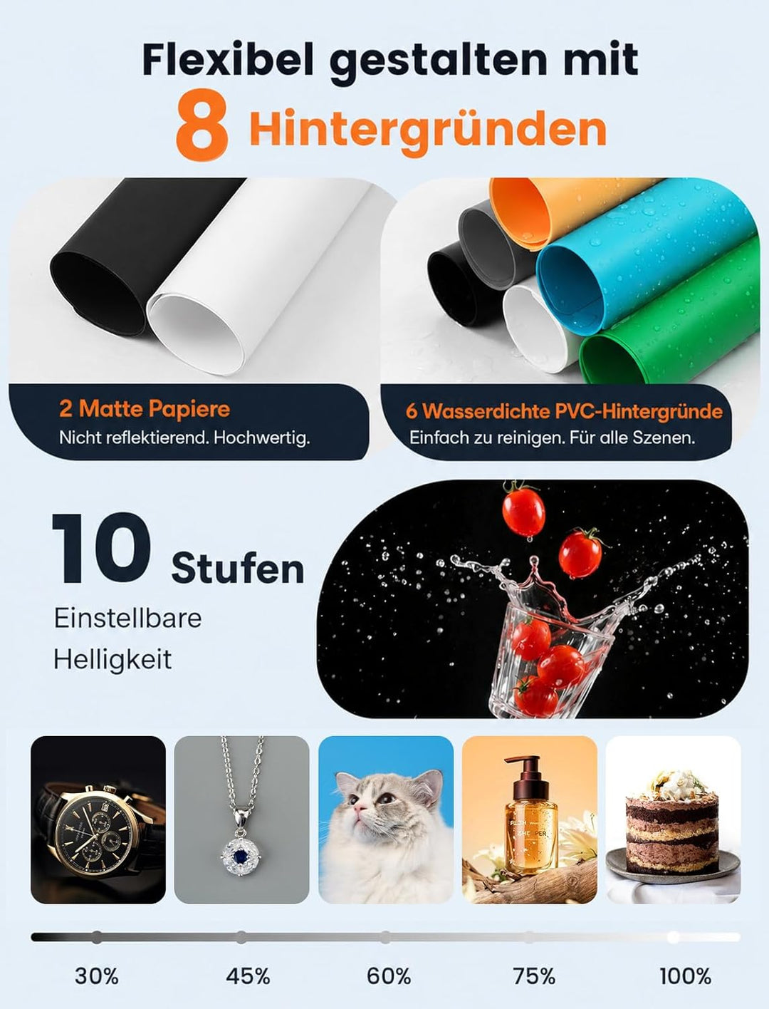 DUCLUS Fotobox 40x40 cm Faltbare Fotostudio, 5500K Dimmbare Lichtzelt Set mit 160 LED Beleuchtung un