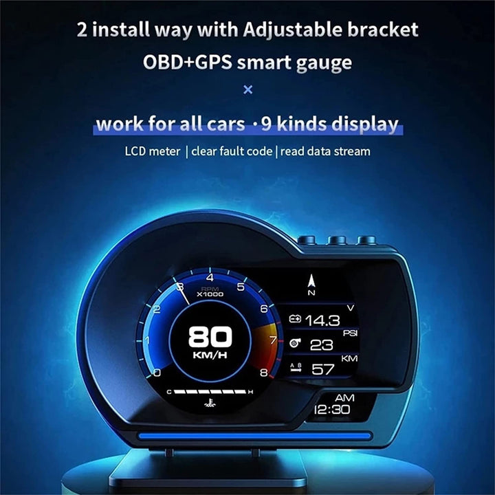 Geloo Head Up Display, Universal Geschwindigkeitsmesser Auto HUD OBD2 + GPS Dual System Digital Tach