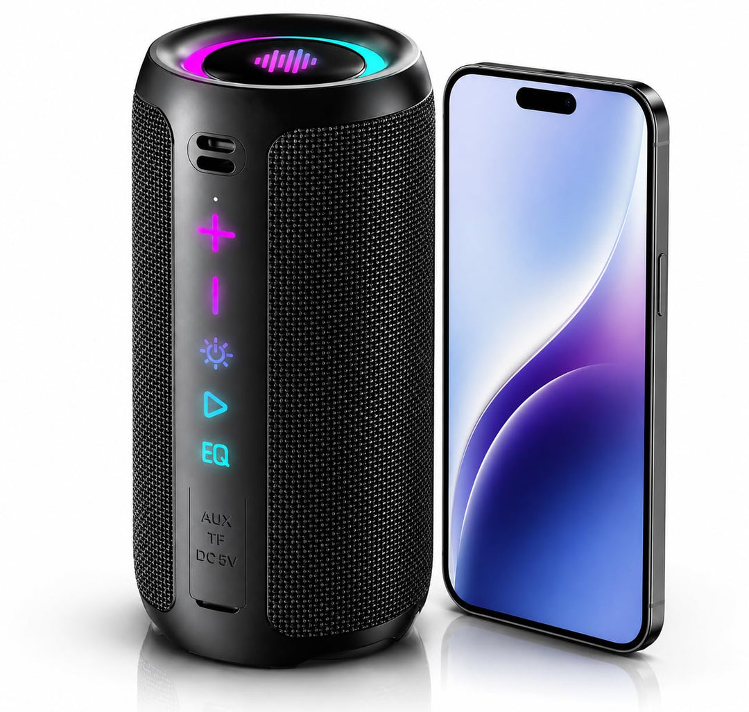 TIMU Bluetooth Lautsprecher mit Licht, Bluetooth 5.4 Musikbox, 25W Dual Lautsprecher, Dualen Bass-Tr