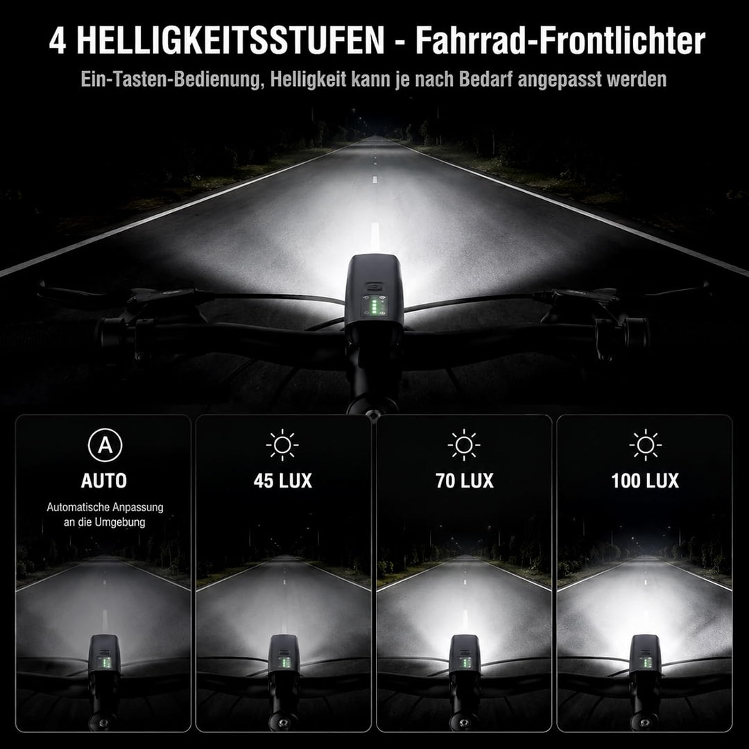LED Fahrradlicht Set StVZO 100 Lux, USB C Wiederaufladbar Fahrradlampe Vorne und Rücklicht, 2000mAh