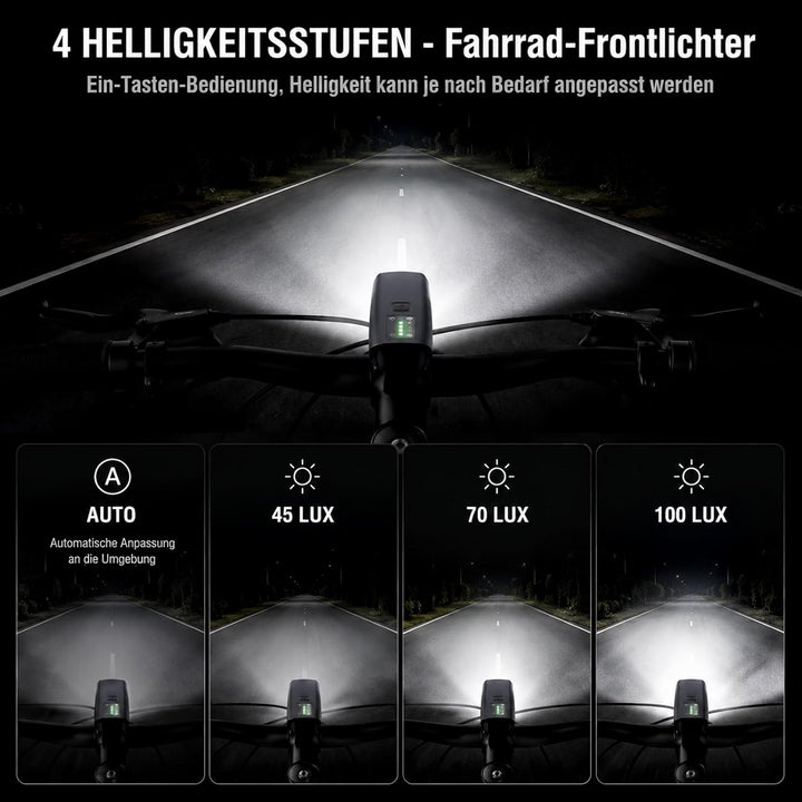 LED Fahrradlicht Set StVZO 100 Lux, USB C Wiederaufladbar Fahrradlampe Vorne und Rücklicht, 2000mAh